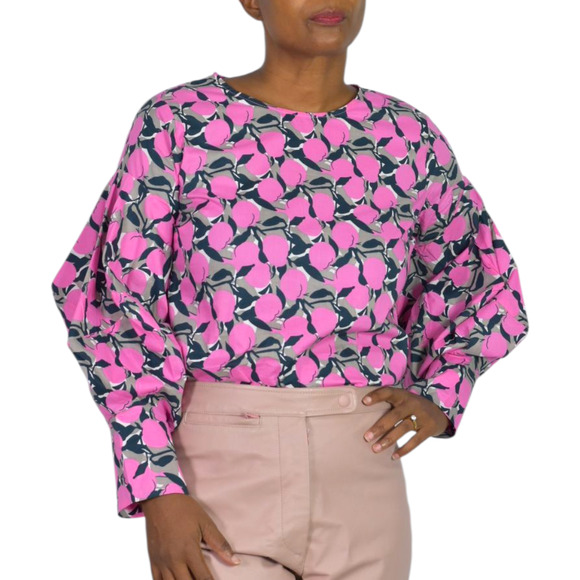 Sang Fruit Floral Print Blouse Pink Cotton Poplin Statement Balloon Sleeve Small - Picture 12 of 14